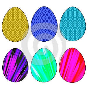 Easter set of six colored eggs of different colors on a white background. Vector.