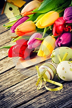 Easter setting with multicolor tulips