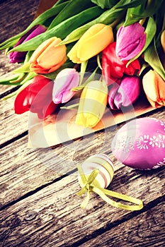 Easter setting with multicolor tulips