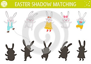 Easter shadow matching activity for children with bunny family. Fun spring puzzle with cute animals. Holiday celebration