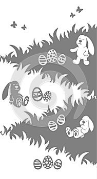 Easter silhouette poster - bunnies sleep sit and play on grass - eggs hunt