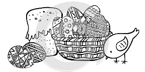 Easter sketch composition with basket, eggs, Easter cake and chicken. Hand drawn outline ink vector illustration