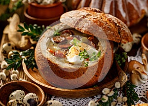 Easter soup, The sour soup Å»urek made of rye flour with smoked sausage and eggs served in bread bowl.
