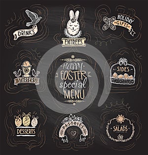 Easter special menu set on a chalkboard - starters, sides, salads, desserts photo