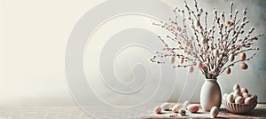 easter spring background vase branches twings with eggs epty space - ai generated