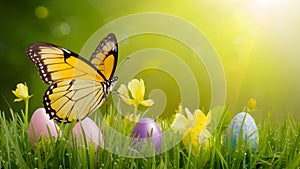 Easter spring flower background featuring fresh greenery and yellow butterfly