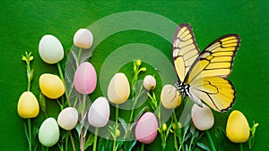 Easter spring flower background featuring fresh greenery and yellow butterfly