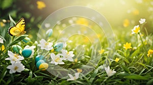 Easter spring flower background fresh flower and butterfly