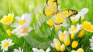 Easter spring flower background fresh flower and butterfly. Easter spring flower background generative ai