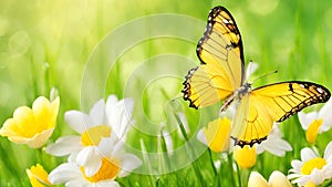 Easter spring flower background fresh flower and butterfly. Easter spring flower background generative ai