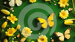 Easter spring flower background fresh flower and butterfly. Easter spring flower background generative ai