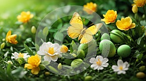 Easter spring flower background fresh flower and yellow butterfly on green grass background