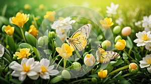 Easter spring flower background fresh flower and yellow butterfly on green grass background