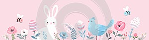 Easter spring horizontal banner with bee, flowers, plants, cute bunny, bird in pastel colors.
