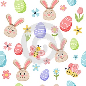 Easter spring pattern with cute bunny and decorated eggs. Hand drawn flat cartoon elements. Vector illustration