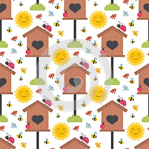 Easter spring seamless pattern with cute animals, birds, bees, butterflies.
