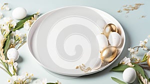 Easter, spring seasonal holiday - eggs rustic composition around white plate