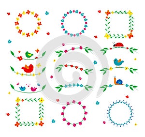 Easter spring set with cute decor elements, colorful butterflies, birds