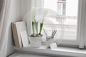 Easter spring still life. Blank greeting and businesss card mockups. Old books on window sill. White hyacinth in flower