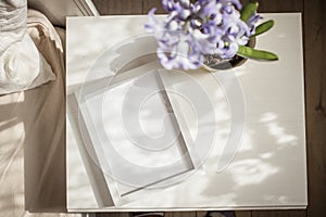 easter spring still life. card mockup, hyacinth in flower pot, Scandinavian interior