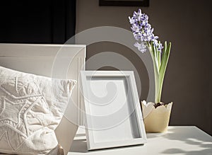 easter spring still life. card mockup, hyacinth in flower pot, Scandinavian interior