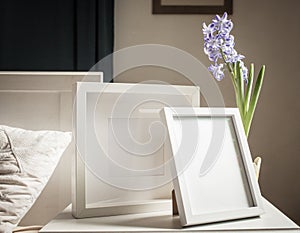 easter spring still life. card mockup, hyacinth in flower pot, Scandinavian interior