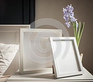 easter spring still life. card mockup, hyacinth in flower pot, Scandinavian interior