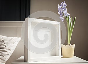 easter spring still life. card mockup, hyacinth in flower pot, Scandinavian interior