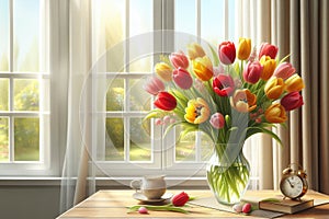 Easter spring still life. floral bouquet red and yellow tulips on window sill. flowers in ceramic