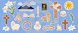 Easter sticker pack. Religious christian signs and symbols. Bible, hands holding cross, dove with branch, cross of Jesus