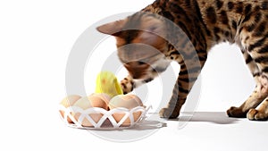 Easter still life, bengal kitten plays with eggs and toy chick on white background, studio shoot video