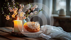 Easter still life, candle, Easter cake, vase with spring flowers on a table in the room, twilight blurred background, AI
