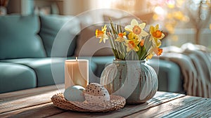 Easter still life, candle, Easter eggs and a vase with spring flowers daffodils on a table in the room, beige and blue