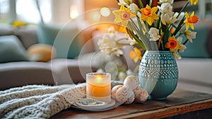 Easter still life, candle, Easter eggs and a vase with spring flowers daffodils on a table in the room, beige and blue