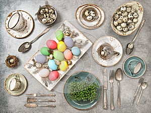 Easter still life colored eggs table place setting decoration