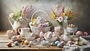 Easter Still Life with Decorated Eggs and Seasonal Flowers on a Rustic Table