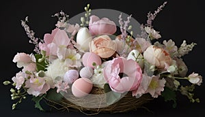 easter still life with eggs bouquet of pink roses easter still life