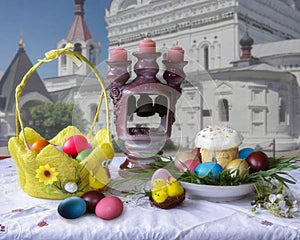 Easter still life with eggs and cake