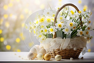 easter still life with eggs daffodils in a basket easter still life