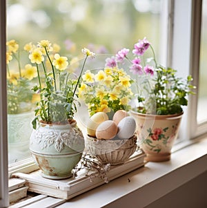 easter still life with eggs easter eggs and flowers easter still life