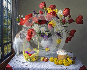 Easter still life with eggs and flowers