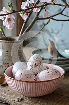 easter still life with eggs and flowers easter eggs in a basket easter still life