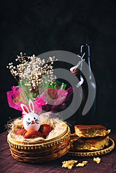 Easter still life. Eggs in a wicker basket. Christian holiday and food