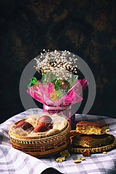 Easter still life. Eggs in a wicker basket. Christian holiday and food