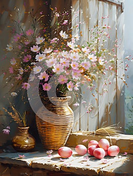 Easter still life. Oil painting in impressionism style