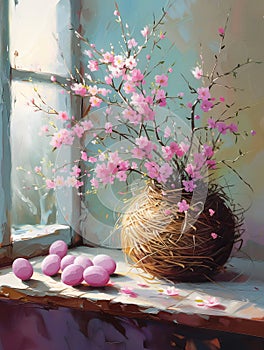 Easter still life. Oil painting in impressionism style