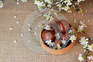 Easter still life, rustic style table with natural colored eggs and white cherry blossoms