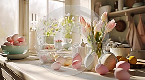 easter still life with tulips and eggs easter table setting easter still life