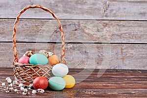 Easter still life, wooden background.