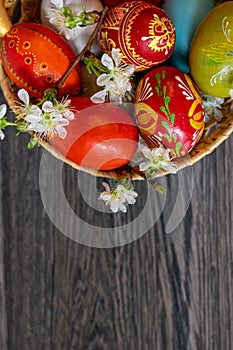 Easter still life with writing space on gry wood and basket with colorful eggs and white flowers